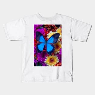 Big Blue Butterfly On Poms Bouquet Kids T-Shirt